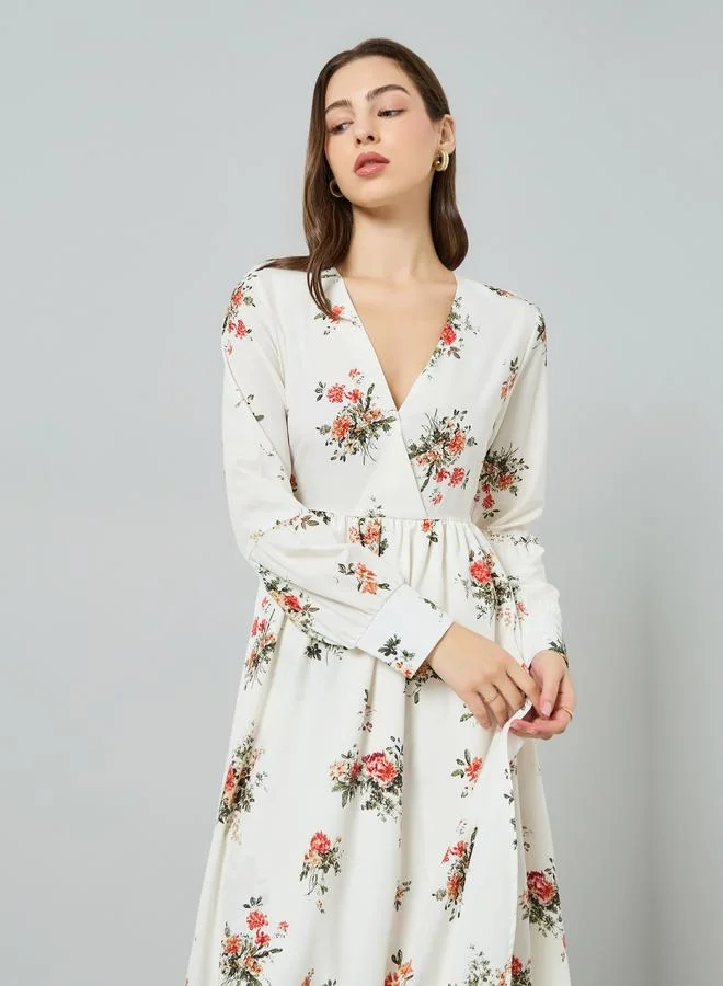 تايك تو فستان ميدي بأكمام طويلة وياقة بفتحة رقبة ونقشة زهور للنساء